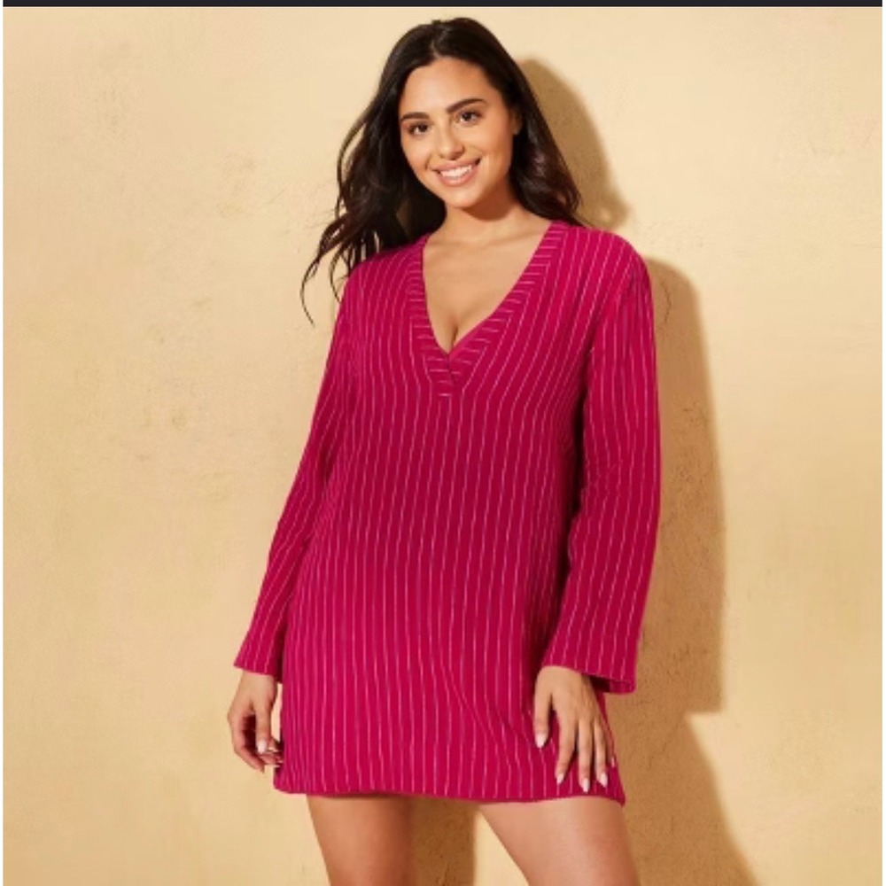 Andie Swim Red Pinstripe Linen Blend V-Neck Beach Cover Up Dress Small